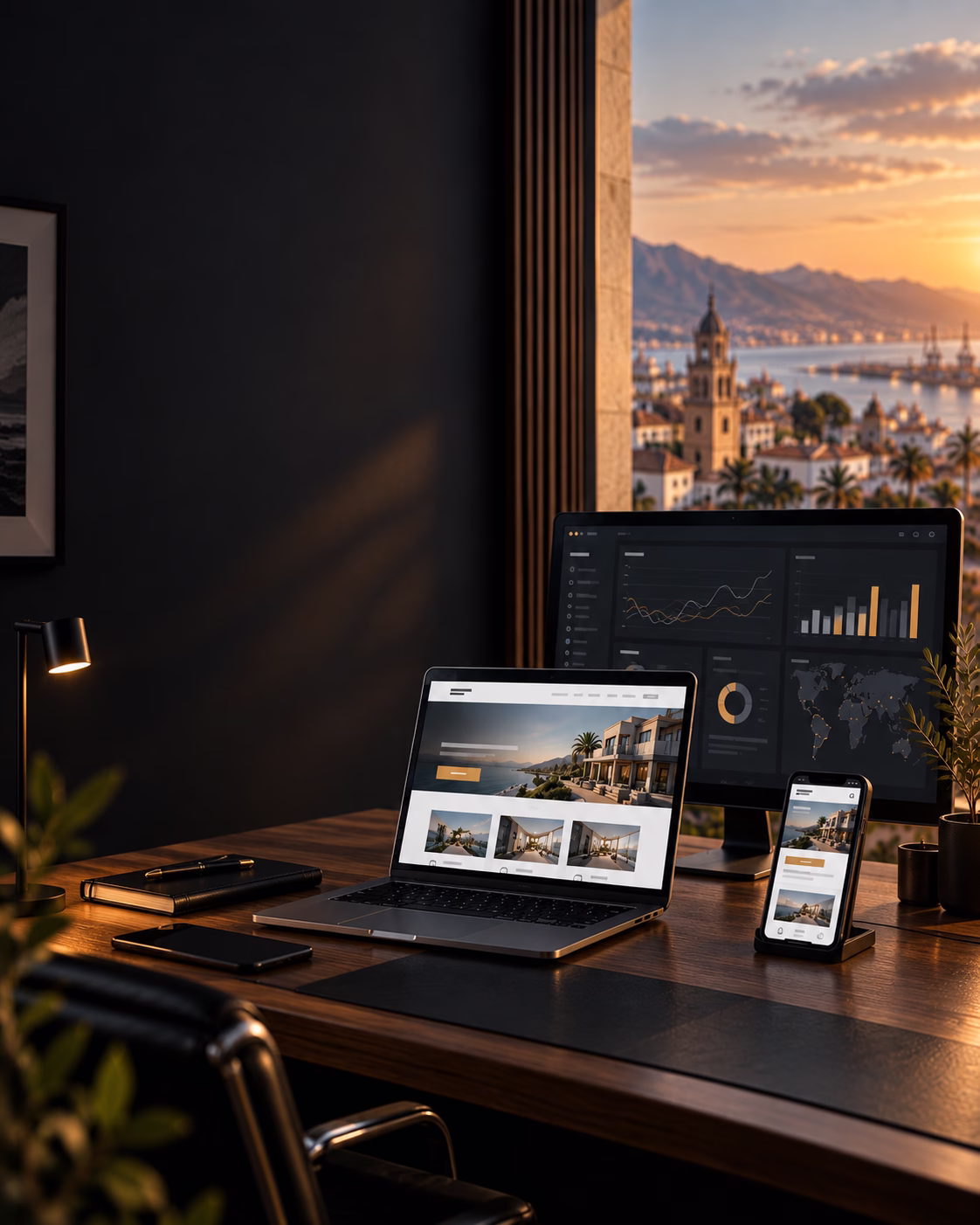 Laptop and monitor on a clean desk showing a website and marketing analytics